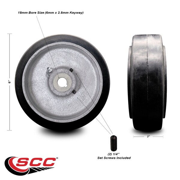6" x 2" Rubber Tread on Cast Iron Keyed Drive Wheel - 18mm Bore -